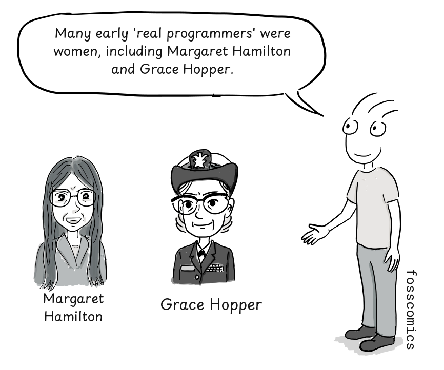 Joone presents labeled portraits of Margaret Hamilton and Grace Hopper.
