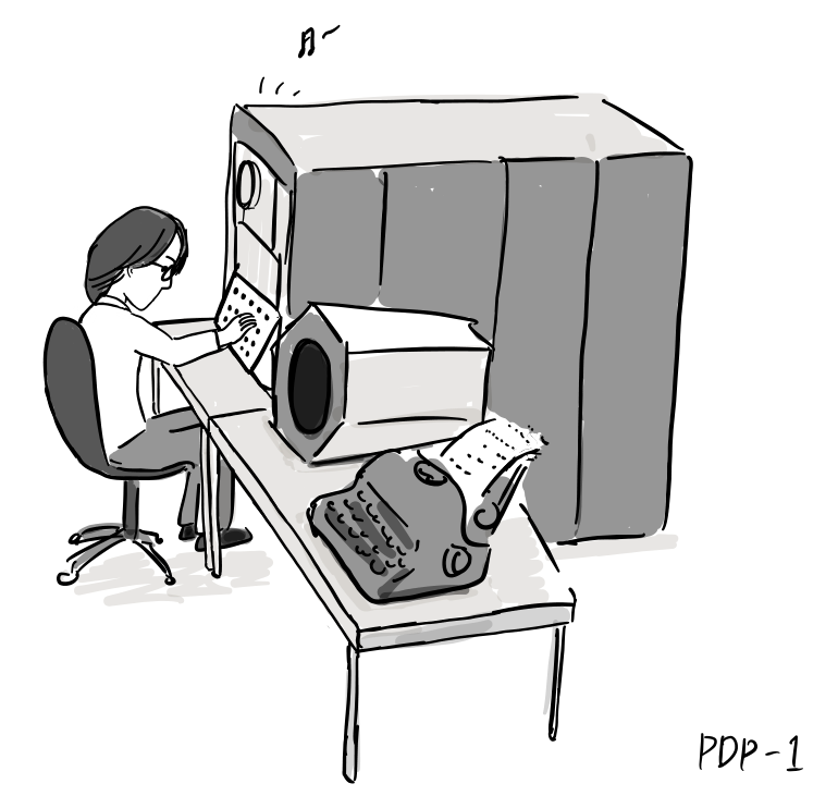 A programmer operates a PDP-1 console while music plays beside its paper-tape reader and typewriter.