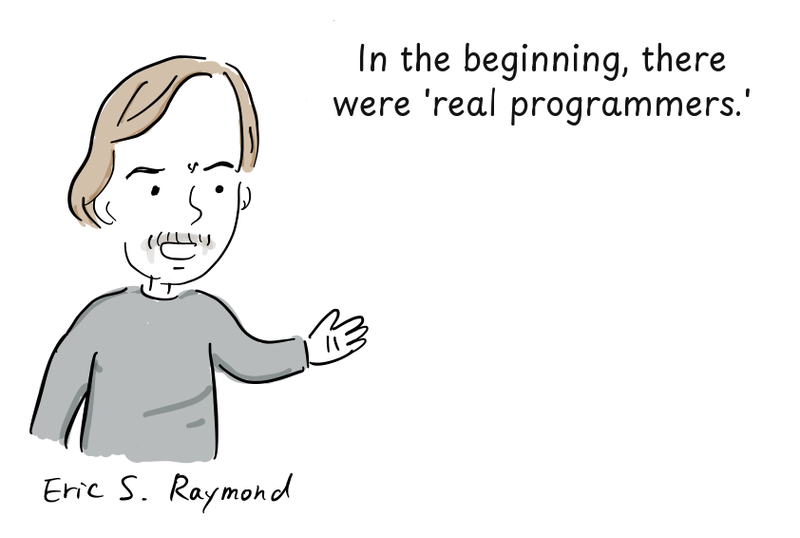Eric S. Raymond gestures as he introduces his retrospective account of early programmers.