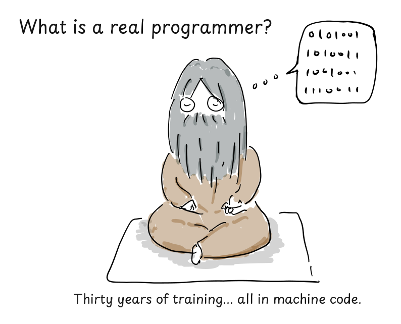 A long-haired, bearded programmer sits cross-legged and imagines rows of binary digits.