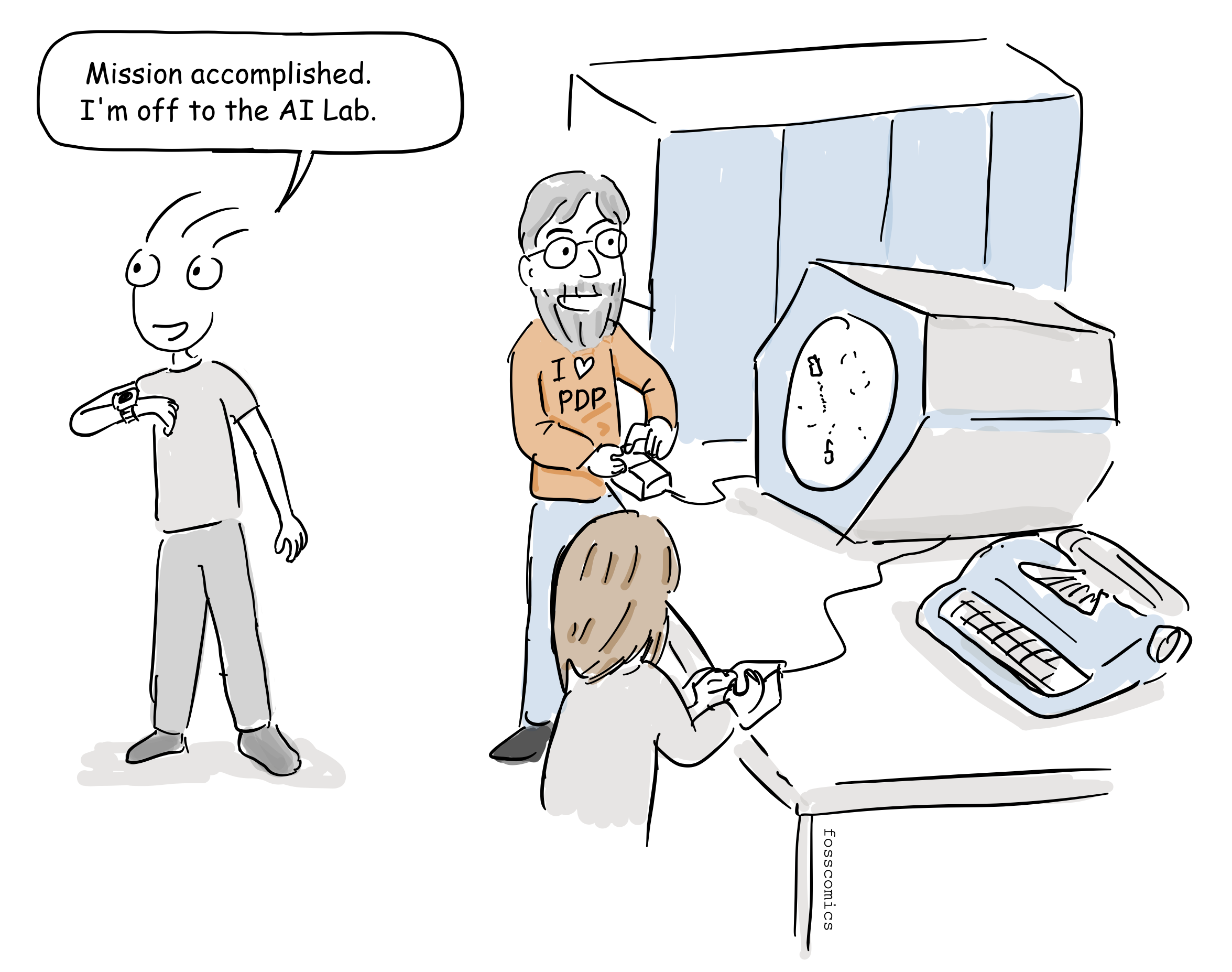 A student walks away from the PDP-1 as two others keep working at its display.