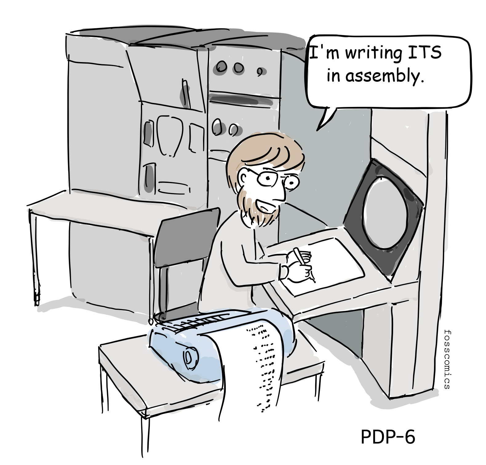 A programmer writes assembly code beside a PDP-6 console and paper-tape reader.