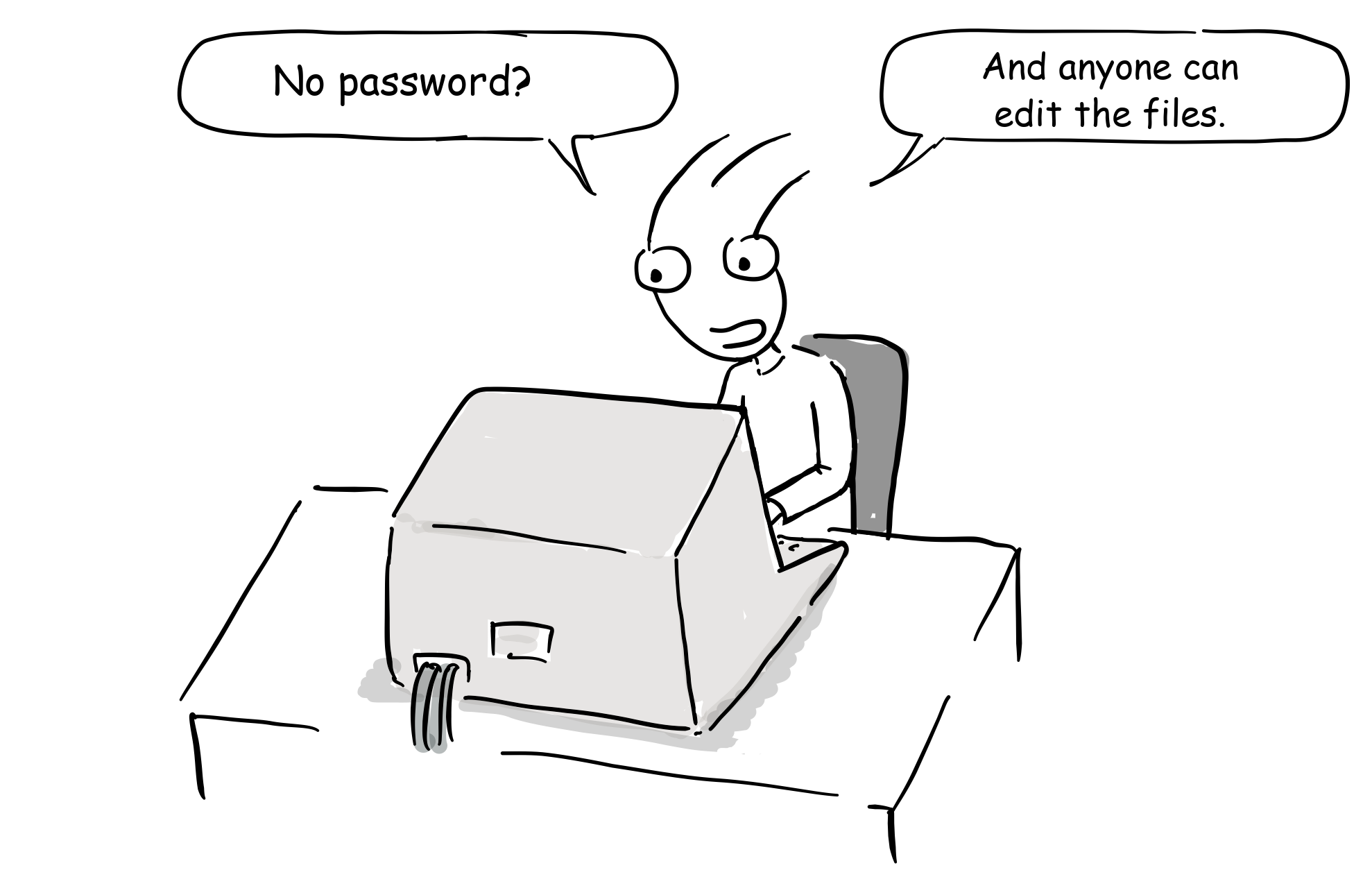 A smiling ITS user sits at a terminal with a loose cable hanging from it.