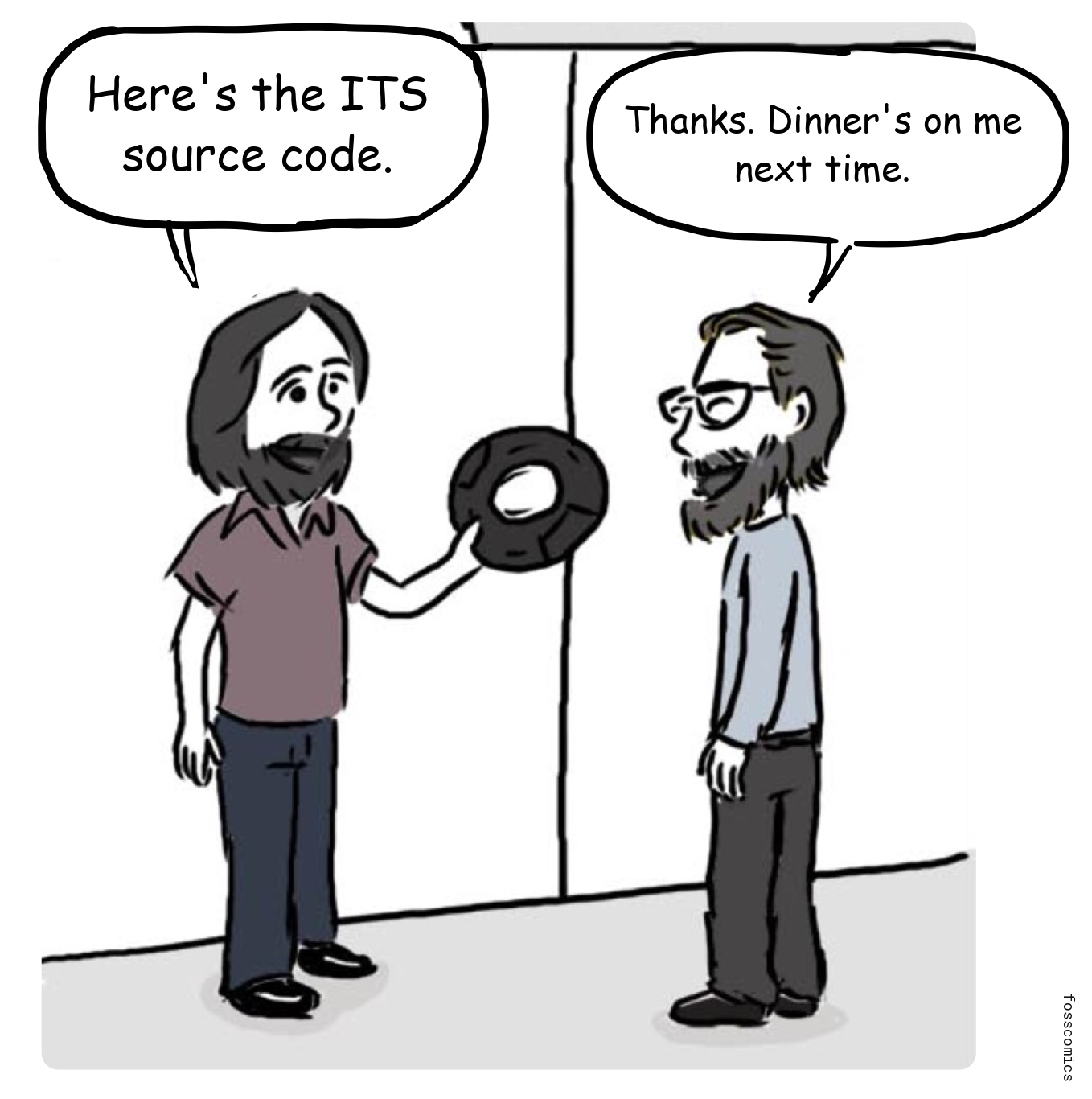 One programmer hands another a reel containing the ITS source code.
