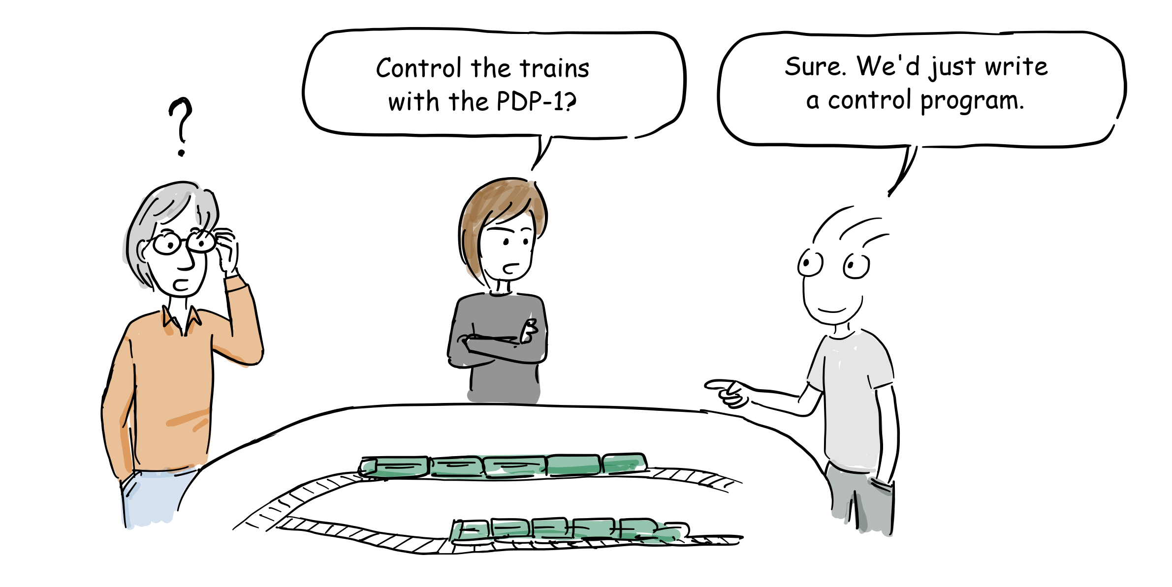 One club member reacts with surprise as another proposes writing a PDP-1 control program.