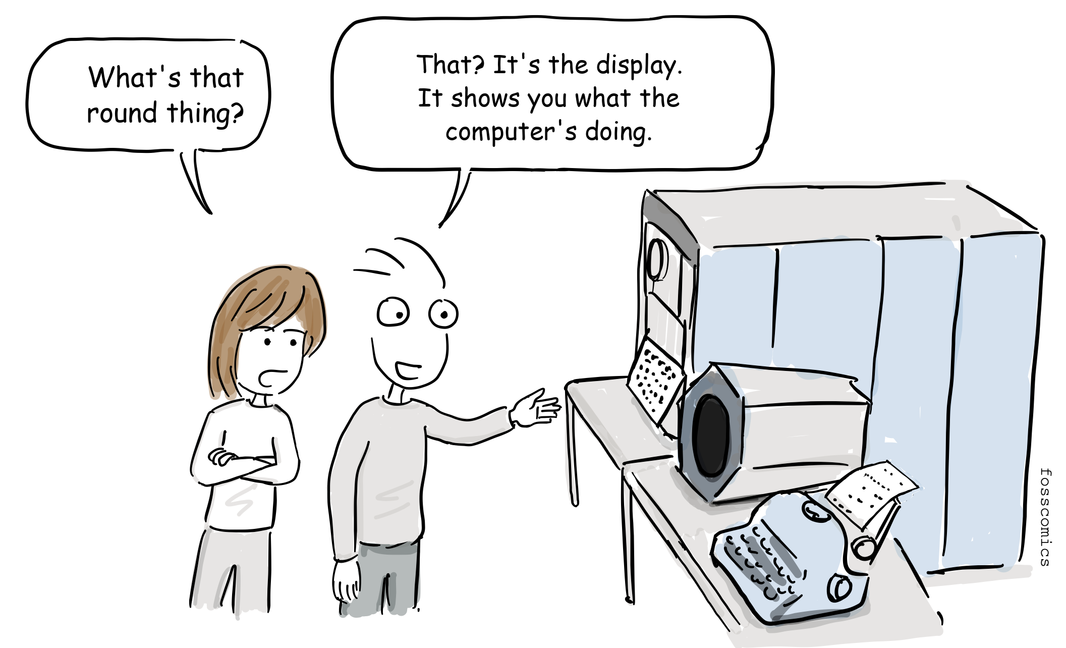 A club member points out the PDP-1's round display while another looks puzzled.