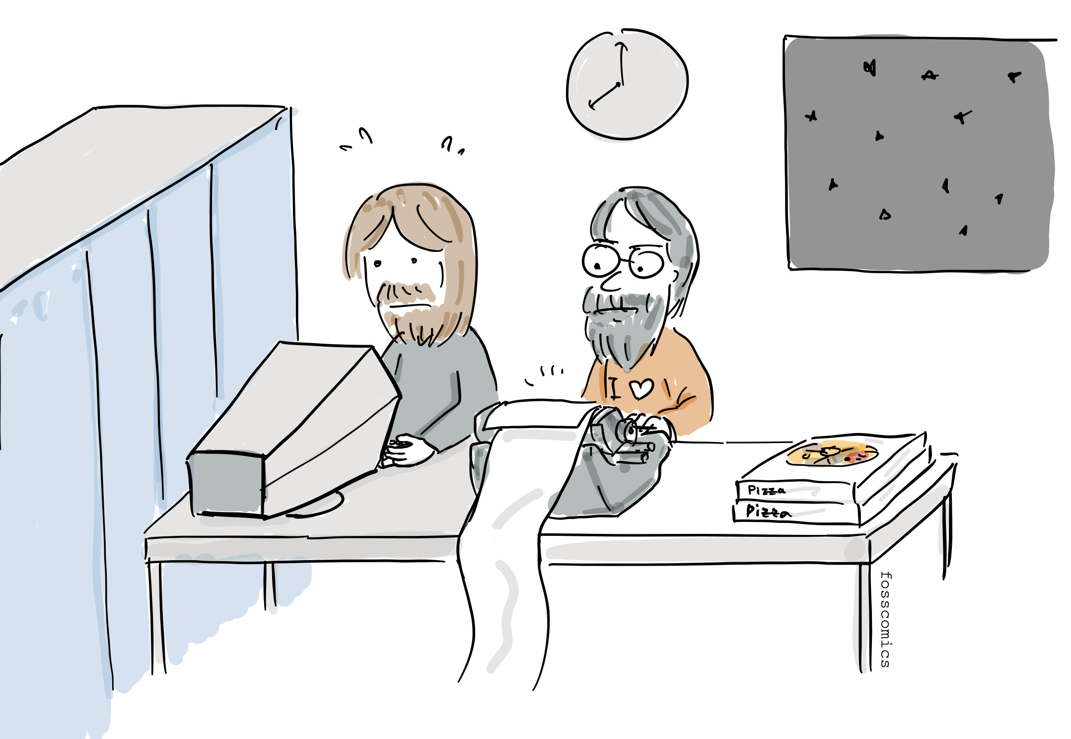 Two programmers work at the PDP-1 late at night beside a stack of pizza boxes.