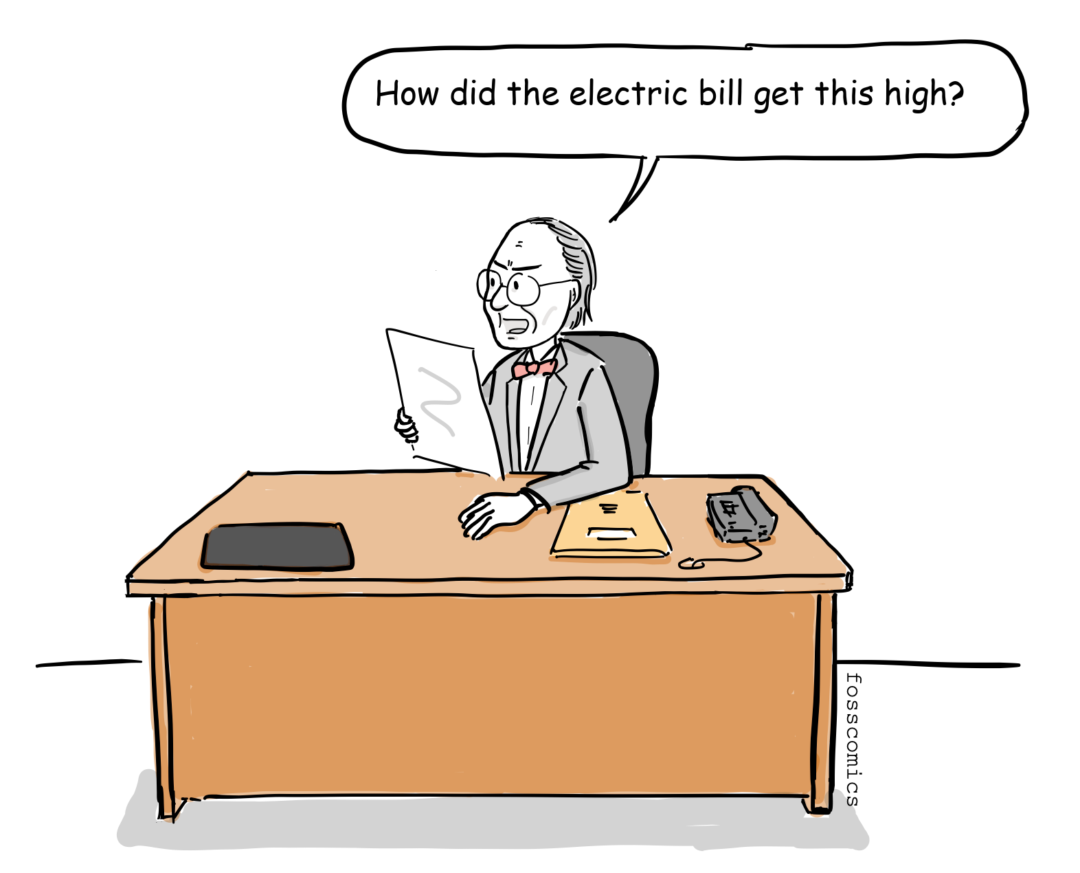 A manager sits behind his desk and frowns at the electric bill.