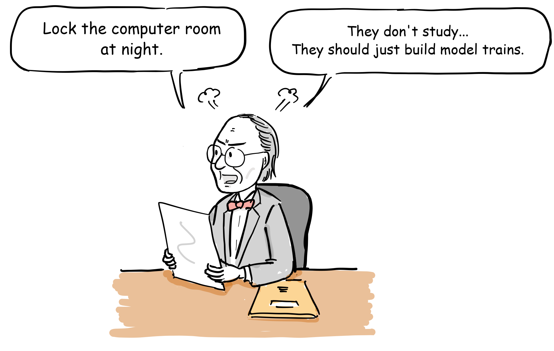 The manager reads a report and orders the computer room locked while imagining the students at their model railroad.