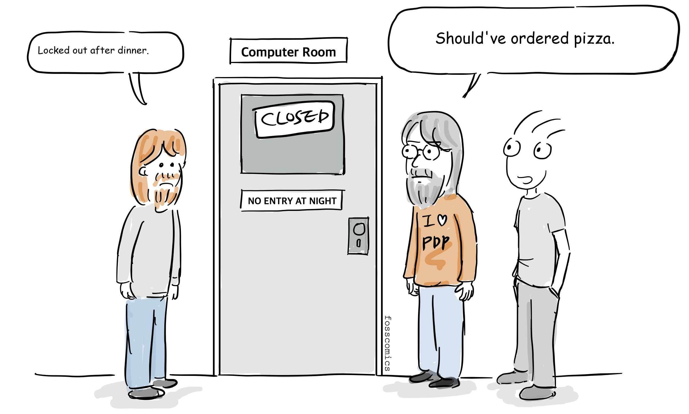Three programmers find the computer-room door locked after hours.