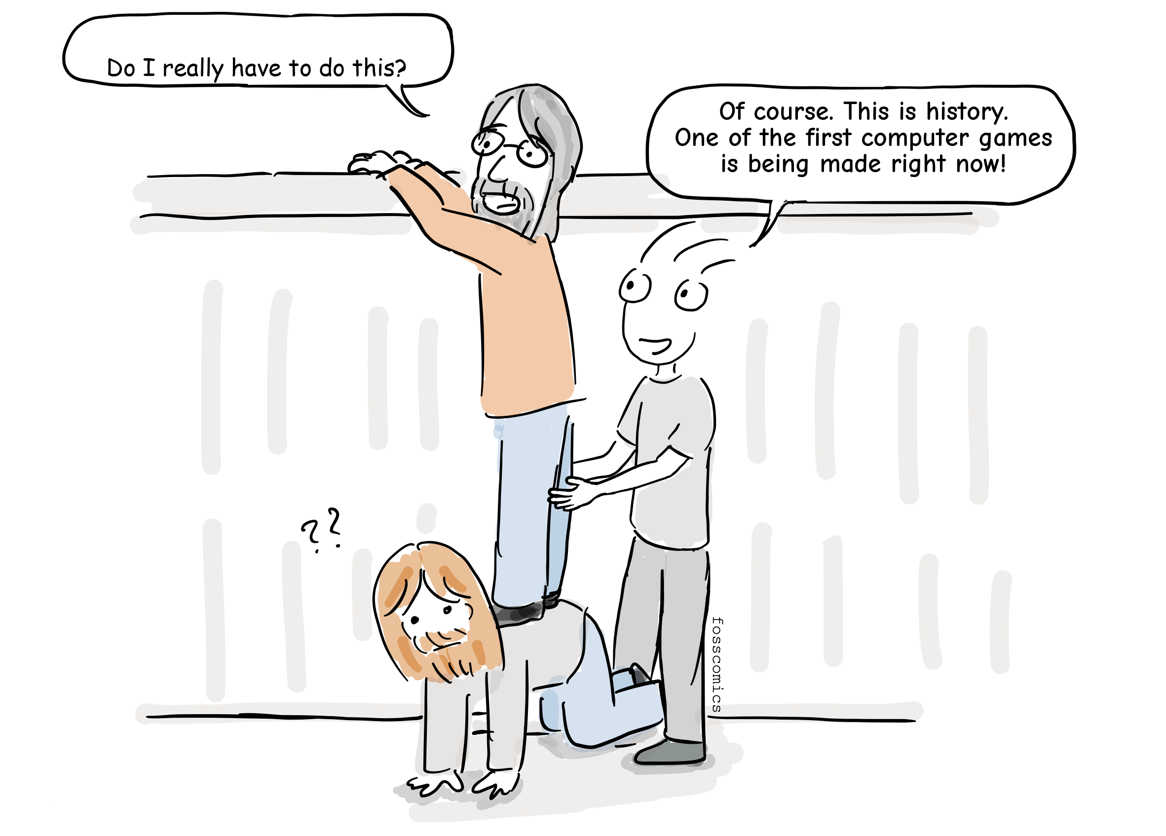 Two students help a reluctant friend climb through a high window.