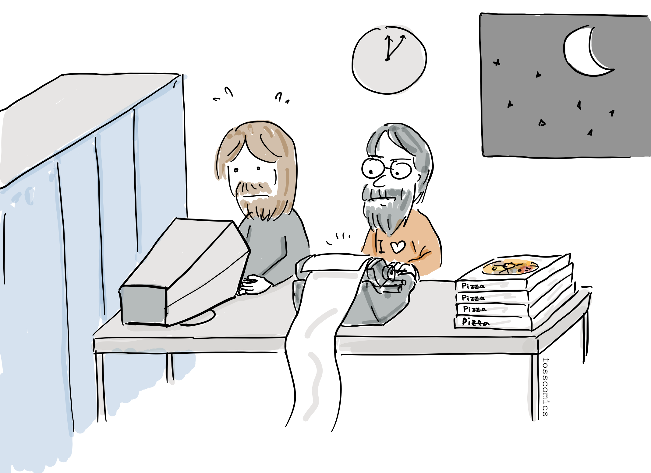 The two programmers continue working at the PDP-1 through the night.