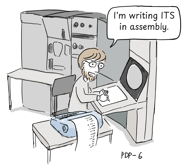 A programmer writes assembly code beside a PDP-6 console and paper-tape reader.