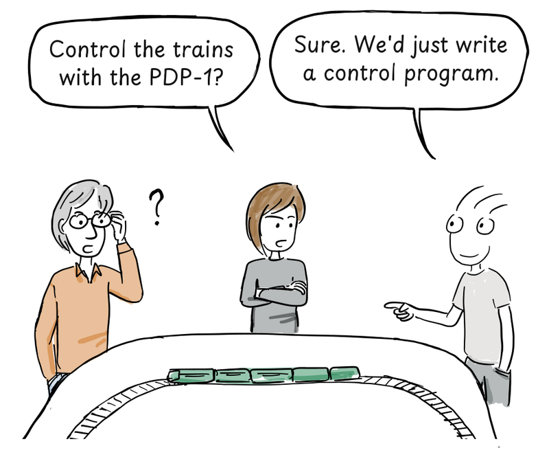 One club member reacts with surprise as another proposes writing a PDP-1 control program.