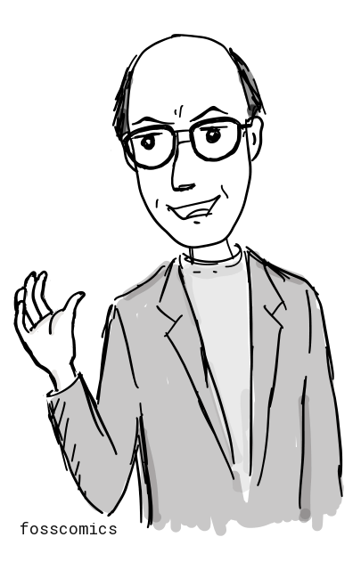 Marvin Minsky wears glasses and a suit and gestures with one hand.