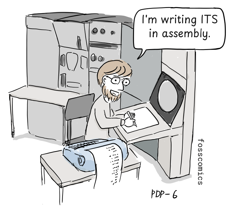 A programmer writes assembly code beside a PDP-6 console and paper-tape reader.