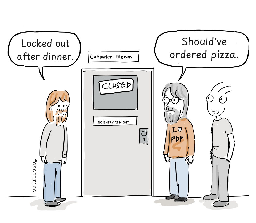 Three programmers find the Computer Room door marked Closed and No Entry at Night.