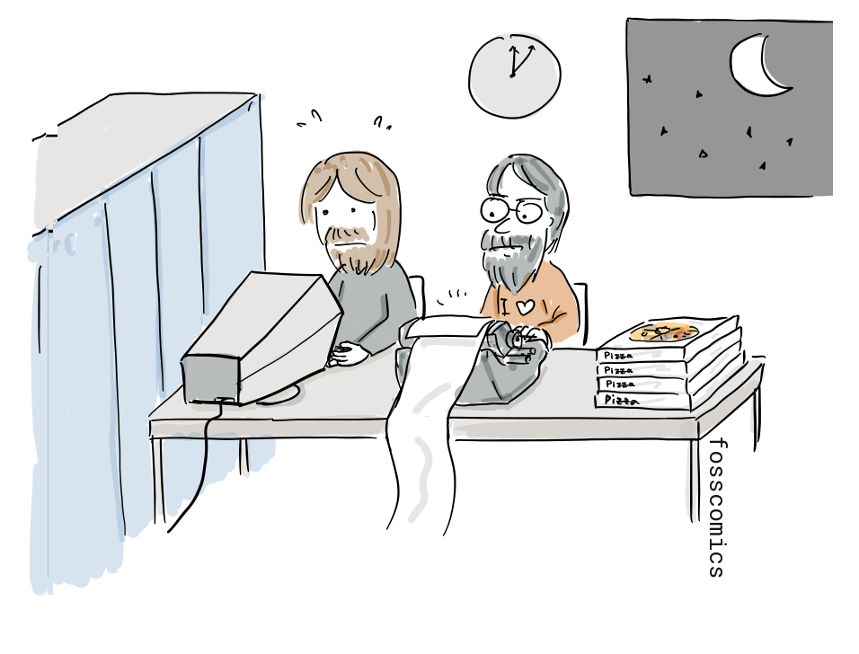 The two programmers continue working at the PDP-1 through the night.