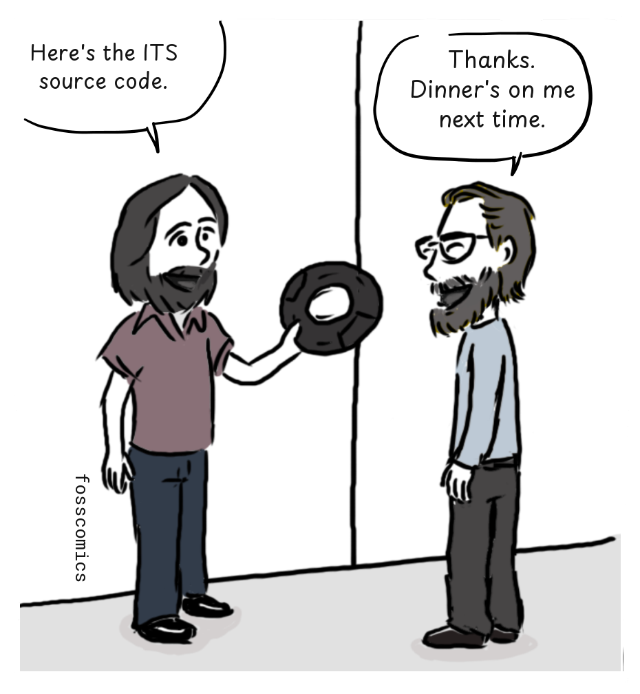 One programmer hands another a reel containing the ITS source code.