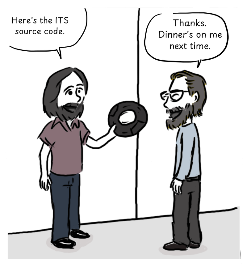 One programmer hands another a reel containing the ITS source code.