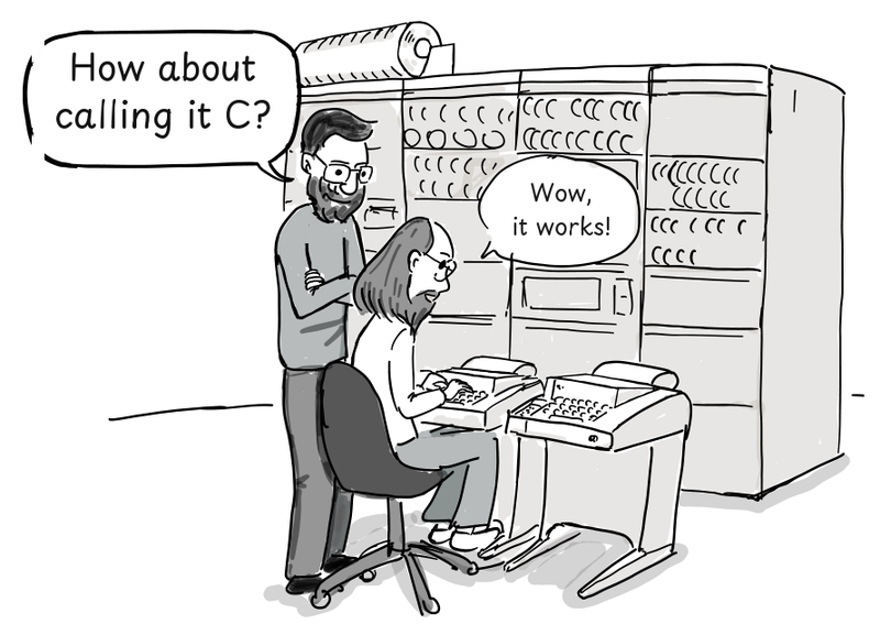 Thompson stands behind Ritchie, who works at the PDP-11 keyboard.
