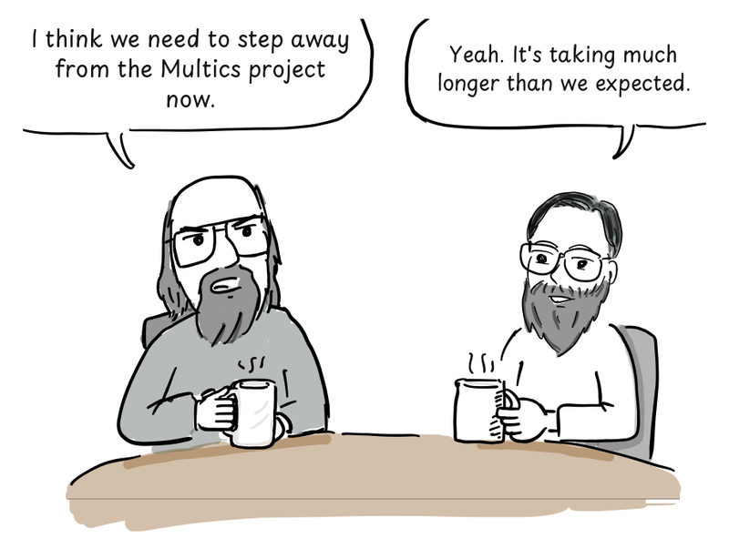 Two Bell Labs programmers discuss Multics over cups of coffee.