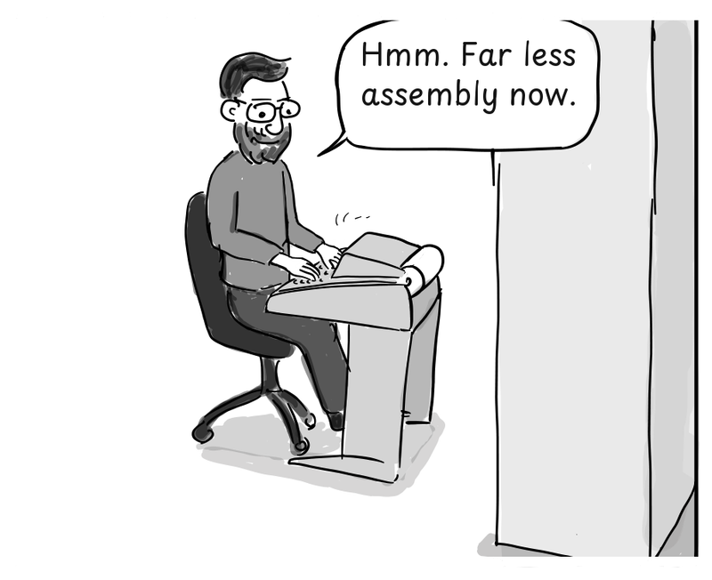 Ritchie types at a terminal after most of the Unix kernel has been rewritten in C.