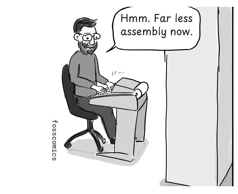 Ritchie types at a terminal after most of the Unix kernel has been rewritten in C.