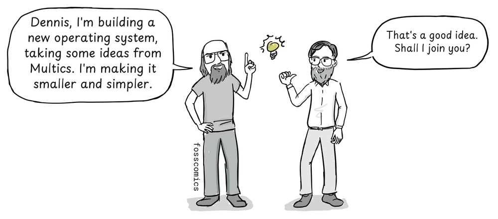 Ken Thompson and Dennis Ritchie gesture toward a light bulb while discussing a simpler operating system.