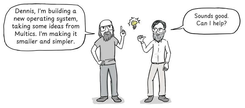 Ken Thompson and Dennis Ritchie gesture toward a light bulb while discussing a simpler operating system.