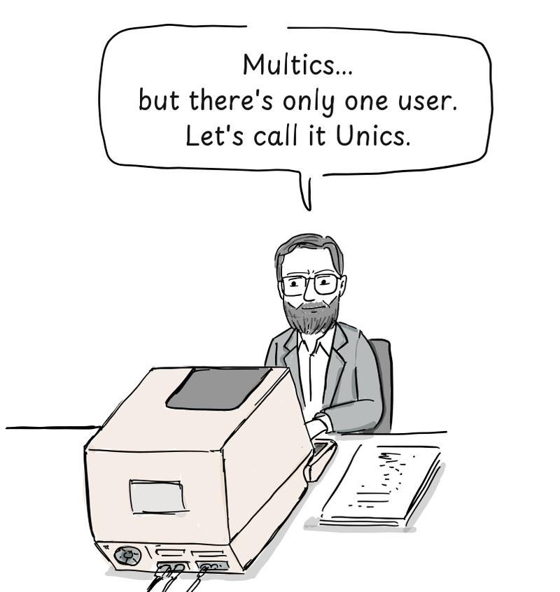 Brian Kernighan sits behind a terminal on his desk and suggests a new name.
