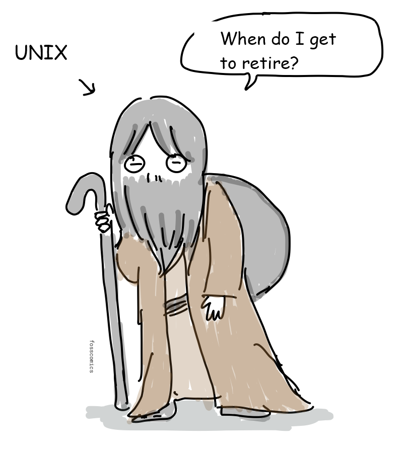 An elderly Unix character with a long beard leans on a cane and looks weary.