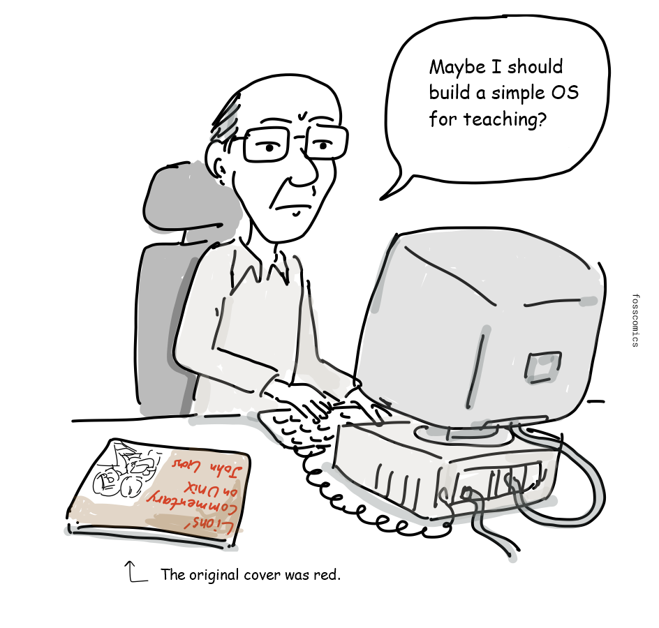 Andrew Tanenbaum works at a computer beside a copy of Lions' Commentary on Unix.