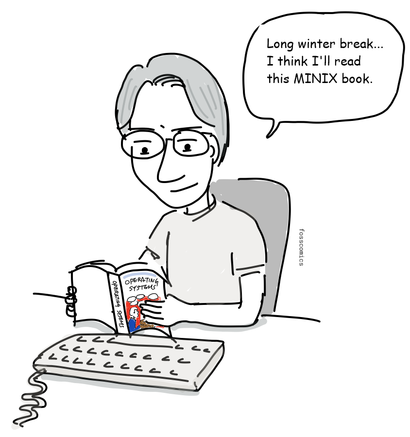 Linus Torvalds reads an operating-systems textbook at a computer.