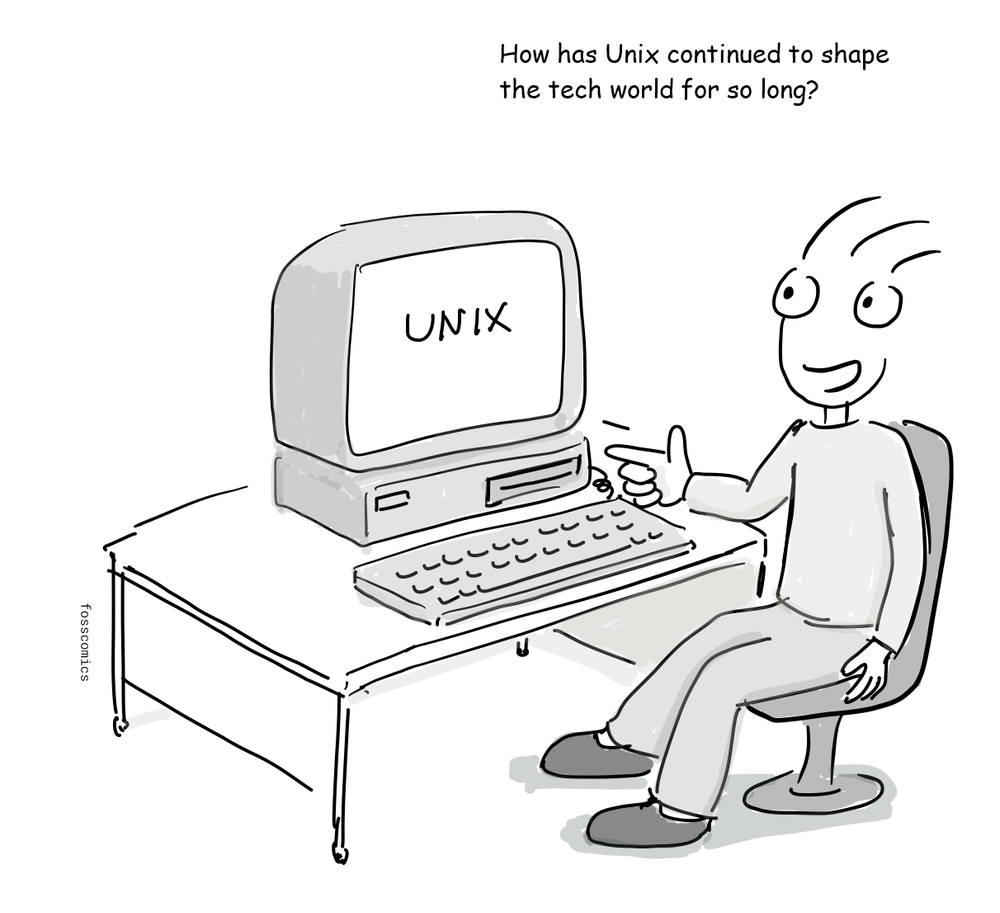 A presenter sits beside a computer displaying the word UNIX and gestures toward it.