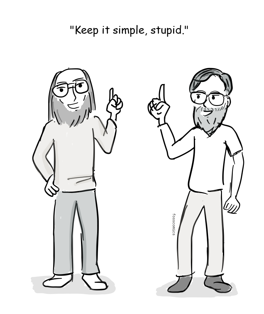 Ken Thompson and Dennis Ritchie each raise one finger while stating a terse design principle.