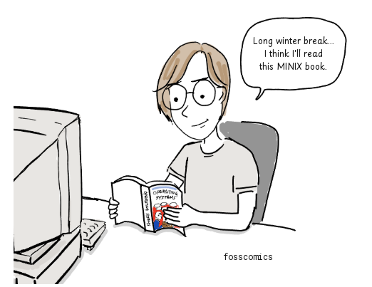 Linus Torvalds holds an open operating-systems textbook beside his computer.