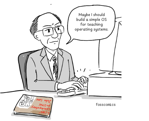 Andrew Tanenbaum types at a computer with a copy of Lions' Commentary on Unix on his desk.
