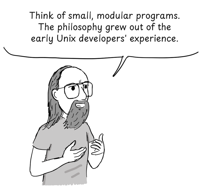 Ken Thompson gestures with both hands while explaining the Unix philosophy.
