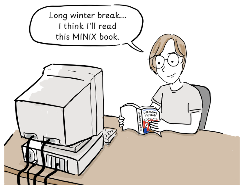 Linus Torvalds holds an open operating-systems textbook beside his computer.