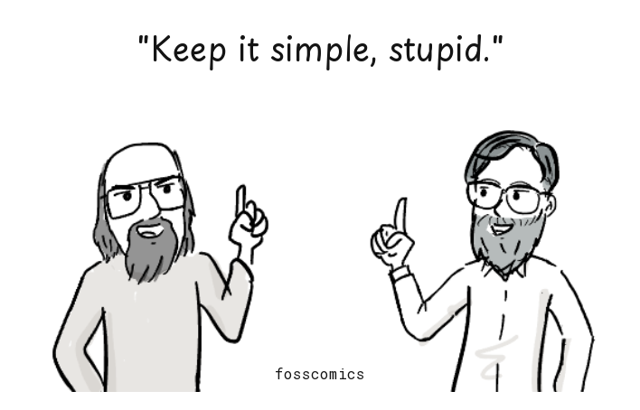 Ken Thompson and Dennis Ritchie each raise one finger while stating a terse design principle.